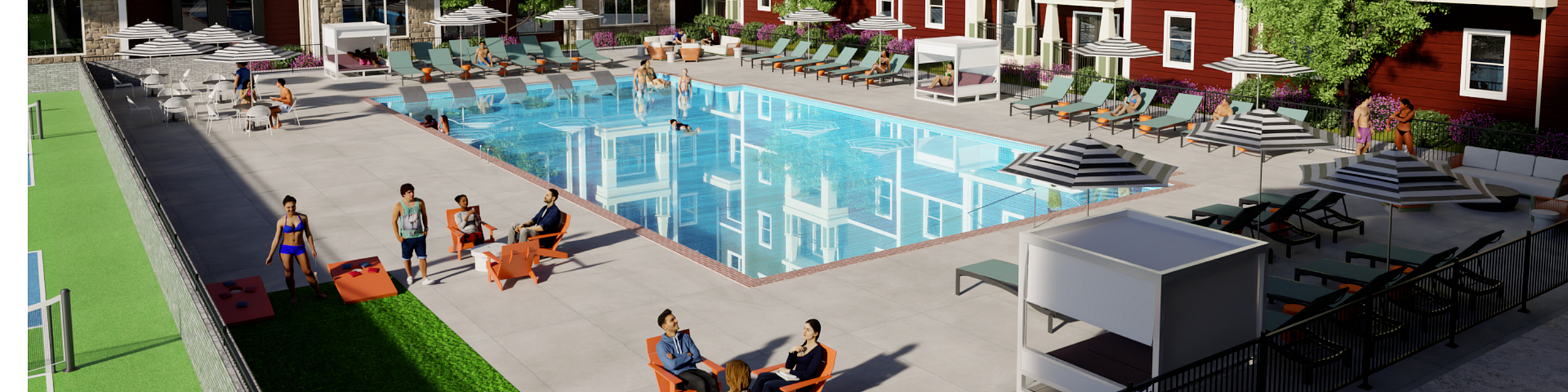 Luxurious outdoor pool area with chic lounge chairs, vibrant greenery, and relaxing cabanas, perfect for leisure and socializing.