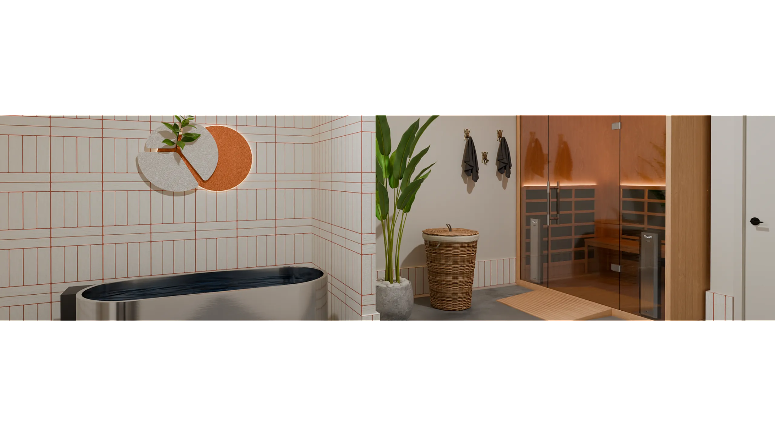 Luxurious spa-like bathroom with modern sauna, chic freestanding tub, elegant wall decor, and vibrant green plants.