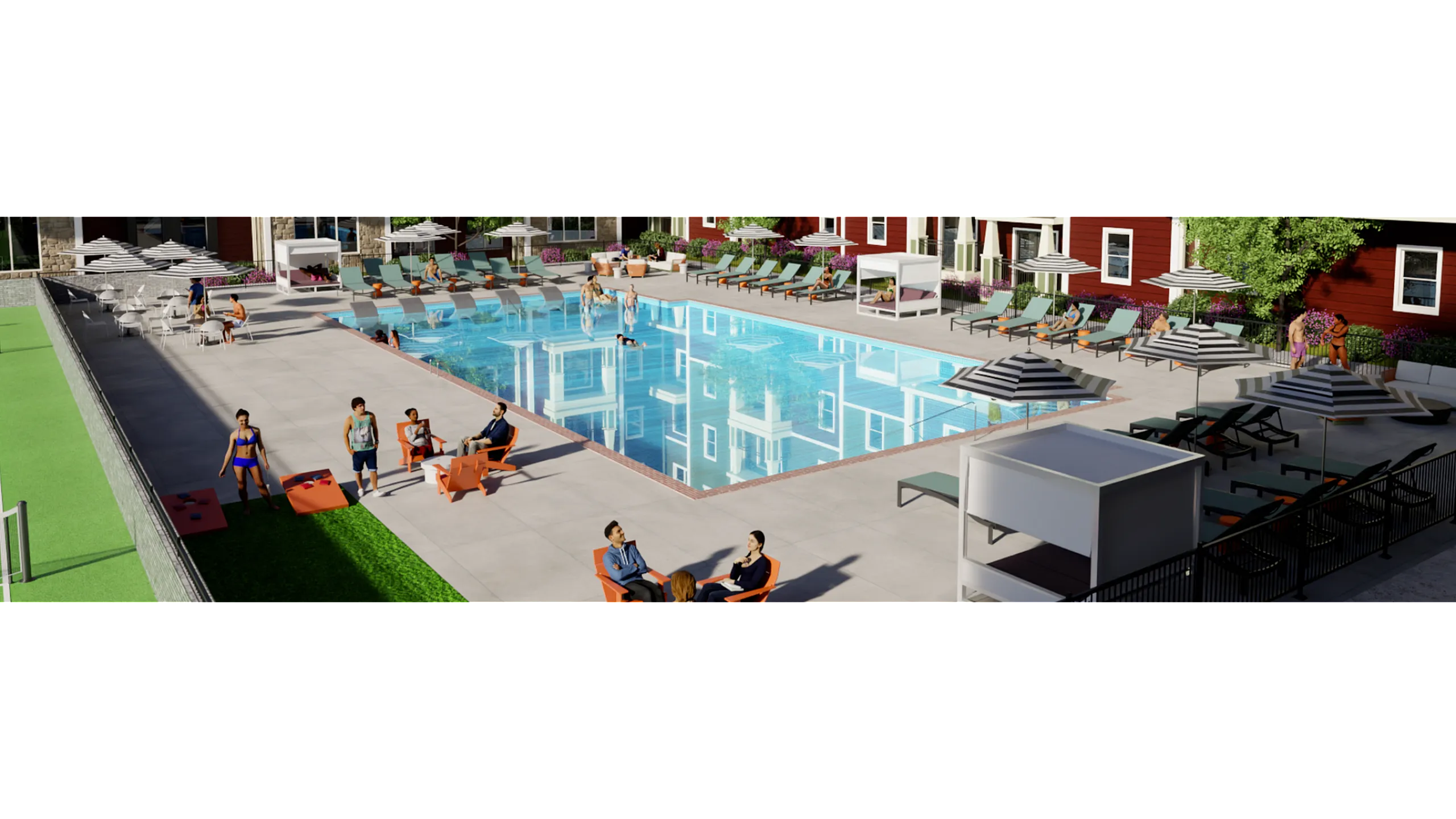 Luxurious apartment complex with a stunning outdoor pool, stylish lounge chairs, and vibrant social areas perfect for relaxation and enjoyment.