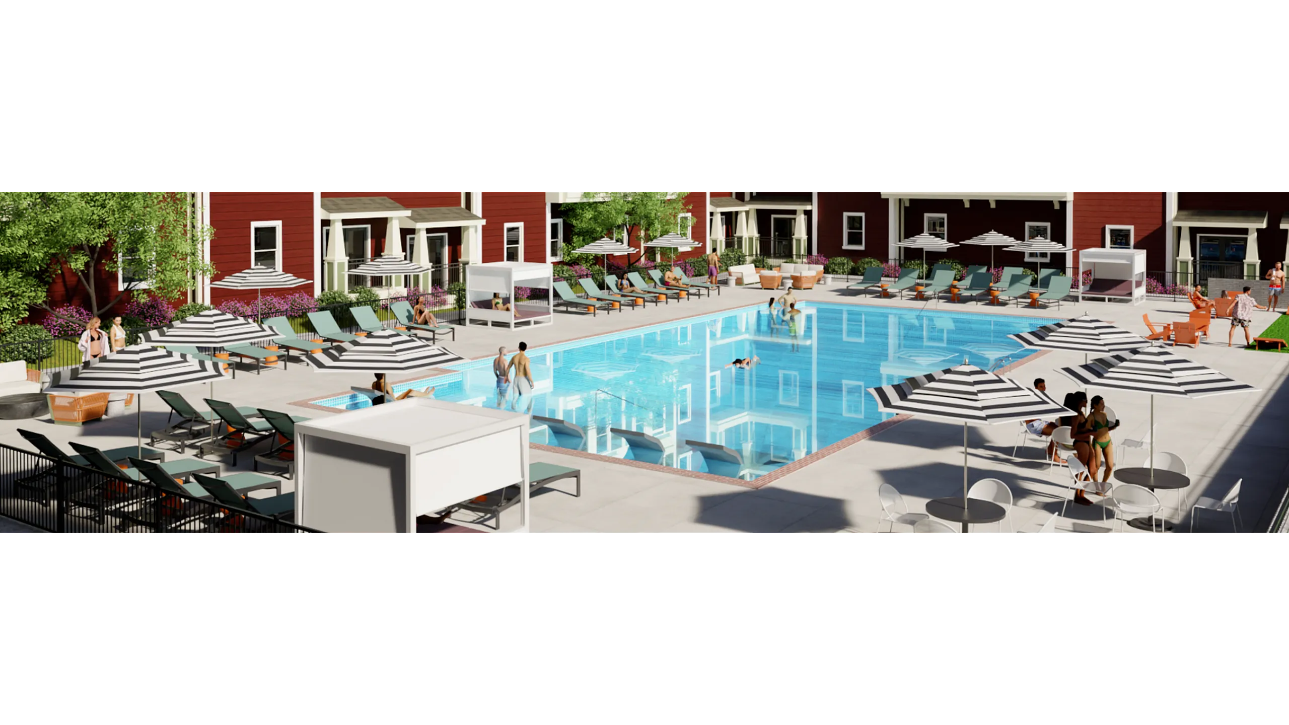 Luxurious communal pool area with stylish lounge chairs, modern cabanas, and vibrant surroundings, perfect for relaxation and social gatherings.