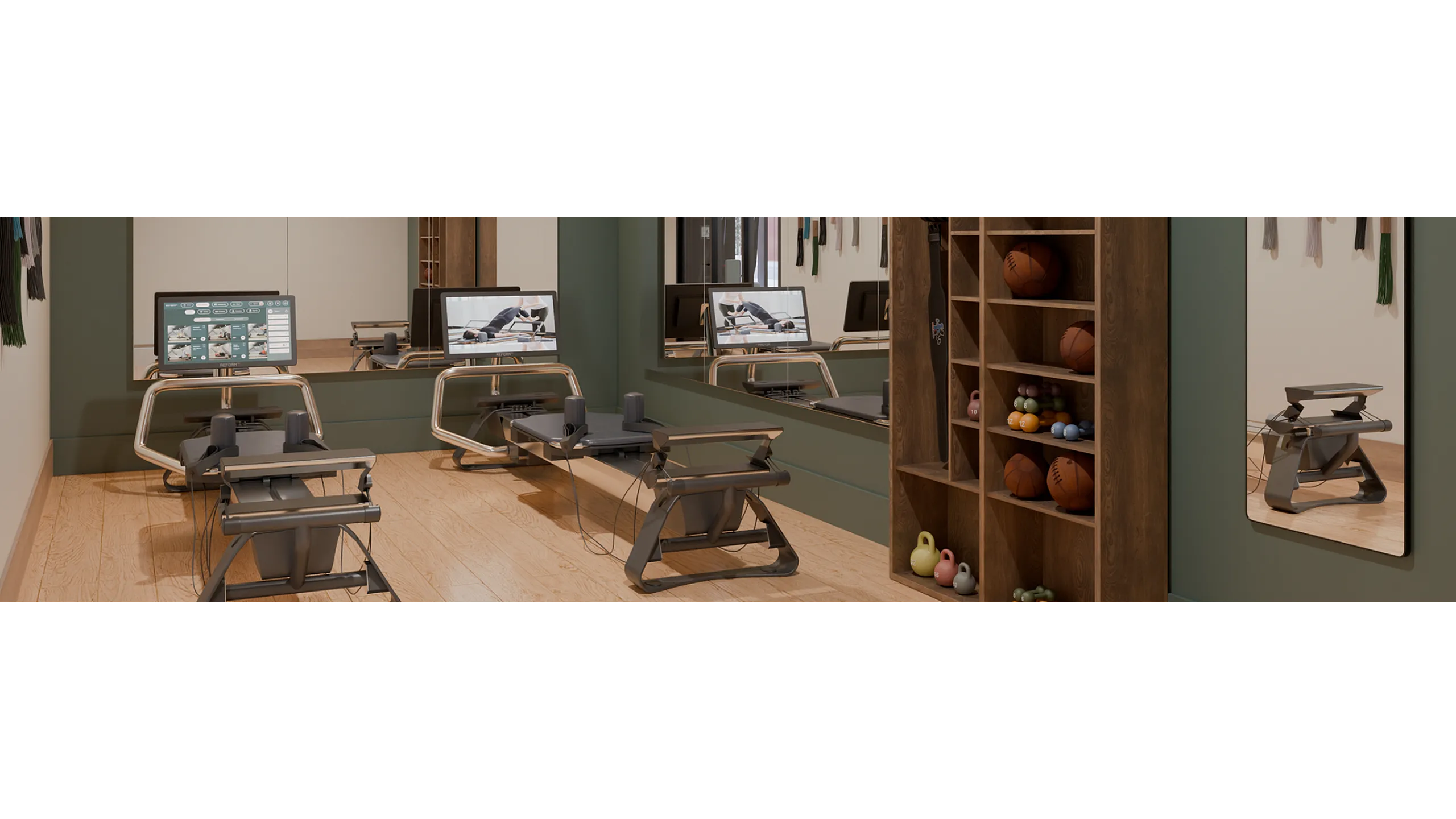 Modern home gym with state-of-the-art workout machines, sleek wooden floors, and a mirrored wall reflecting a stylish, invigorating fitness environment.