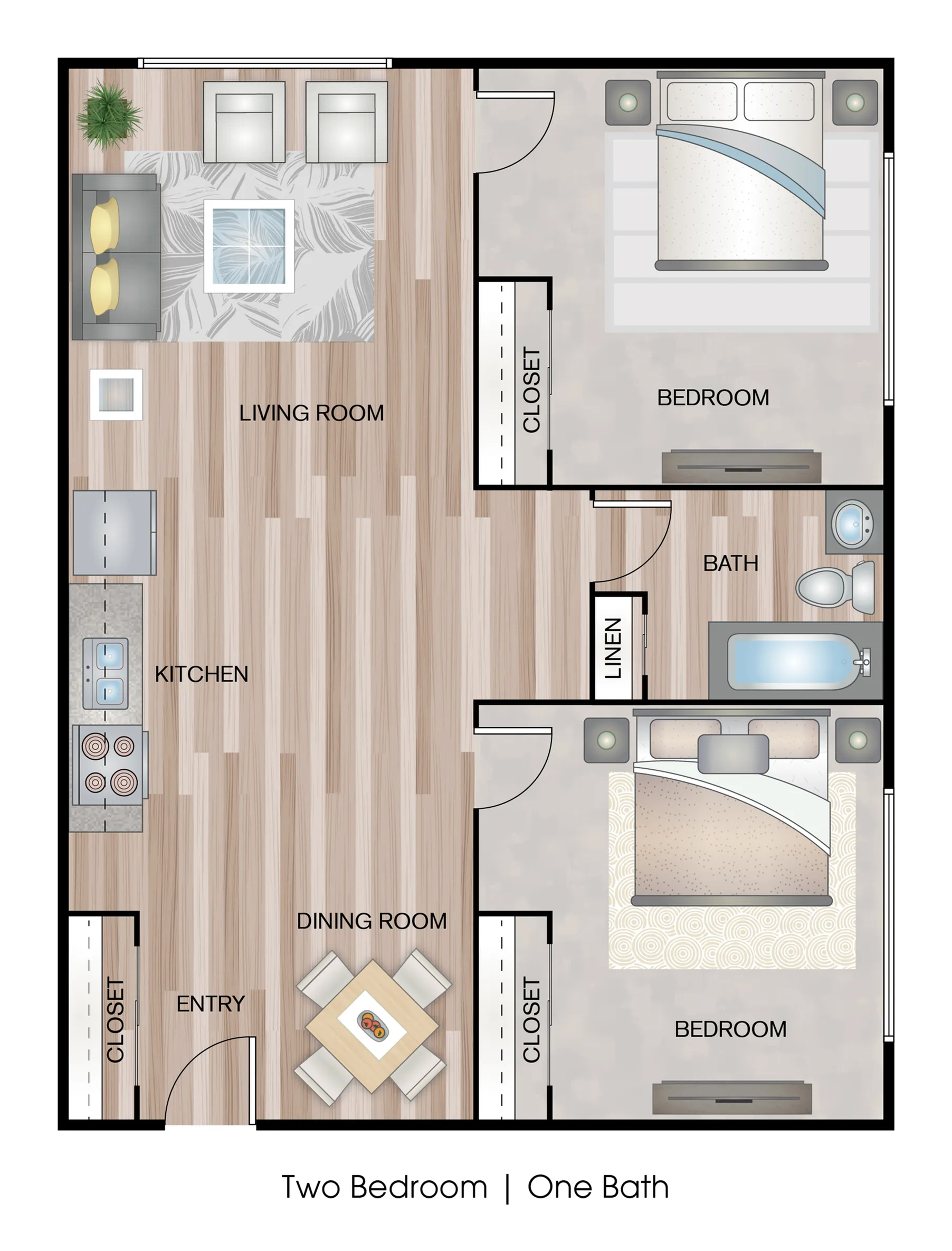 Chic two-bedroom floor plan showcasing a spacious living room, modern kitchen, and elegant dining area.