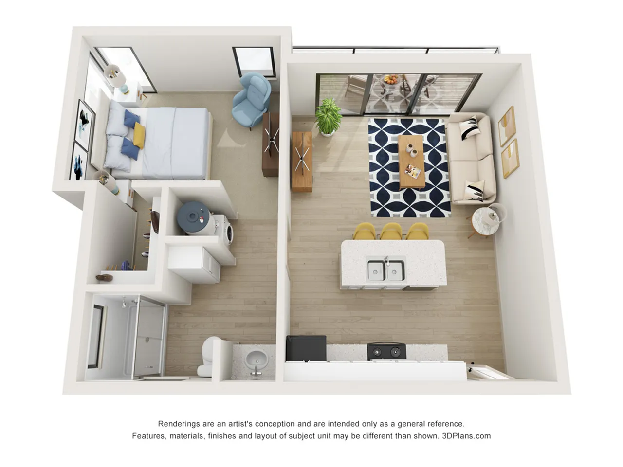 Chic 2D floor plan featuring a cozy bedroom, a modern open-concept living area with a stylish lounge, and a sleek kitchen island, designed for comfort and elegance.