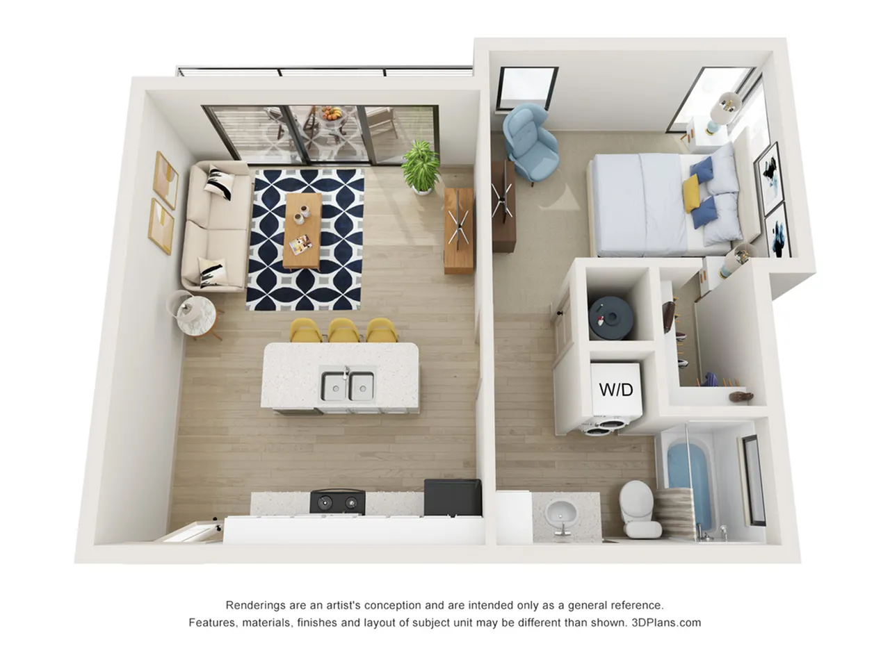 Modern 1-bedroom 3D floor plan featuring an open-concept living area, cozy bedroom, and stylish kitchen with breakfast bar.