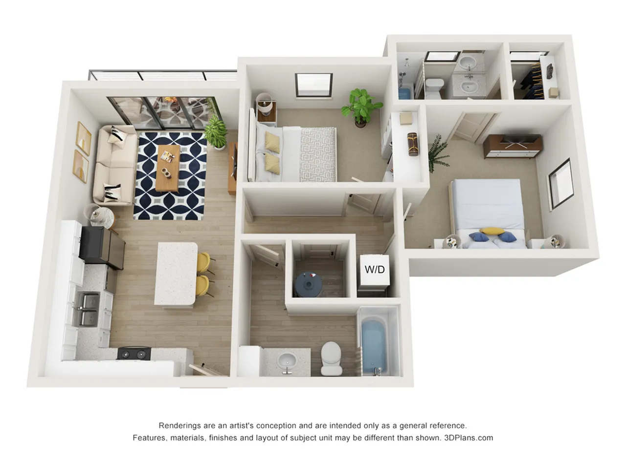 Modern 3D floor plan showcasing 2 bedrooms, a cozy living area with a stylish rug, and a sleek kitchen with an island. Ideal layout for comfortable urban living.