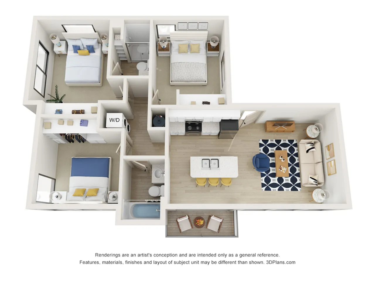 Modern 3D floor plan showcasing 2 bedrooms, sleek kitchen, and cozy living area with balcony access.