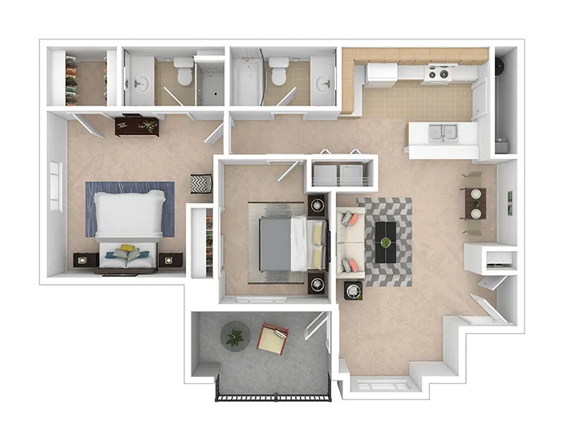 Modern floor plan with 2 bedrooms, 2 bathrooms, stylish kitchen, cozy living area, and charming balcony.