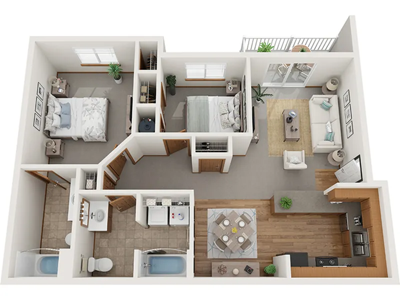Modern 2D floor plan showcasing 2 bedrooms, a bright living room, open kitchen with dining area, and private balcony. Stylish design for comfortable living.