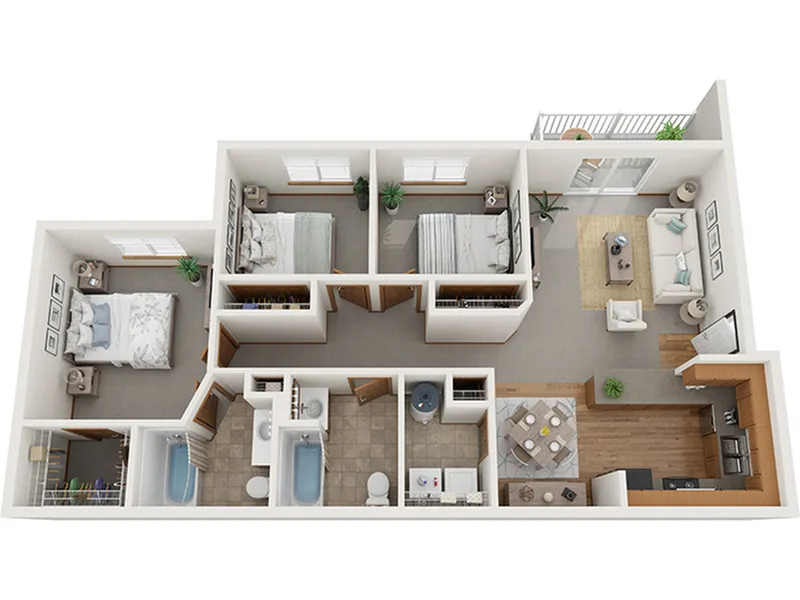 Modern 3D floor plan showcasing 3 bedrooms, a cozy living room, and an elegant open-plan kitchen with a dining area, complemented by two stylish bathrooms. Features natural lighting and a charming balcony space.