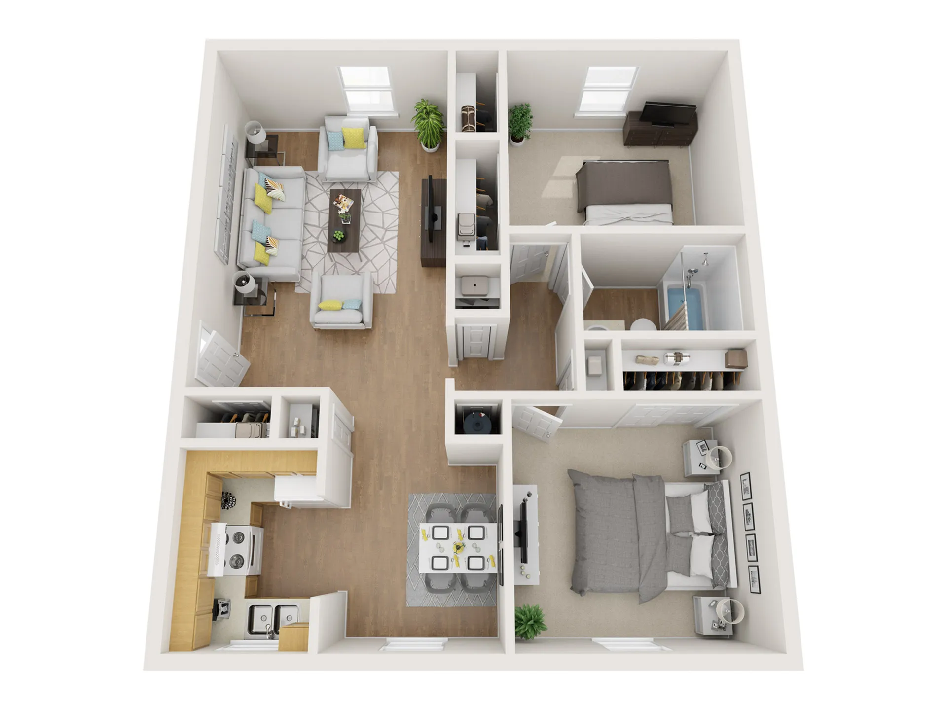 Charming 3D floor plan highlighting 2 cozy bedrooms, a welcoming open-concept living and dining area, a modern fully-equipped kitchen, and a stylish bathroom. Perfect for comfortable and contemporary living.