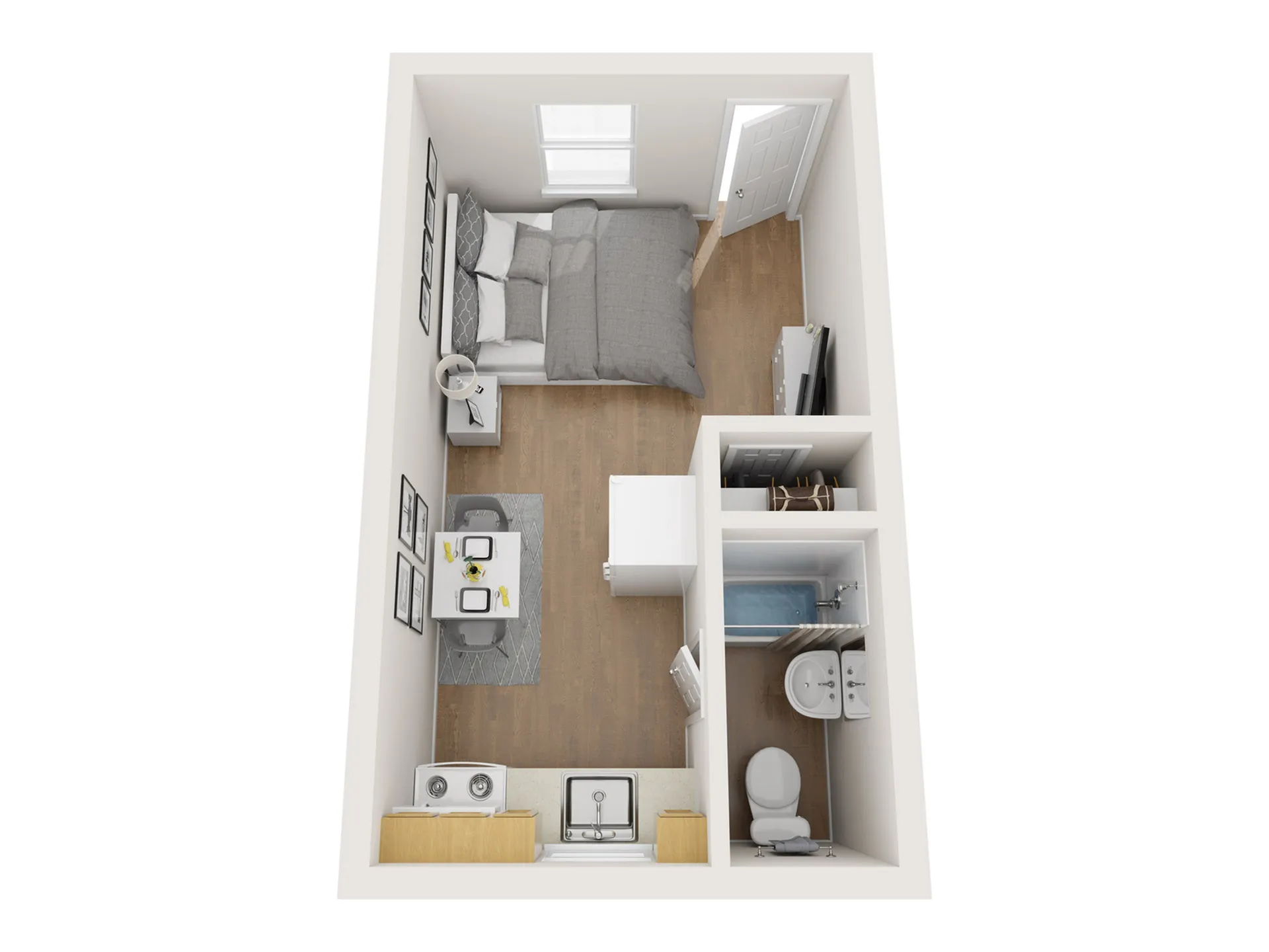 Charming studio apartment floor plan featuring a cozy bedroom area, compact bathroom, efficient kitchenette, and dining space with elegant wooden flooring.