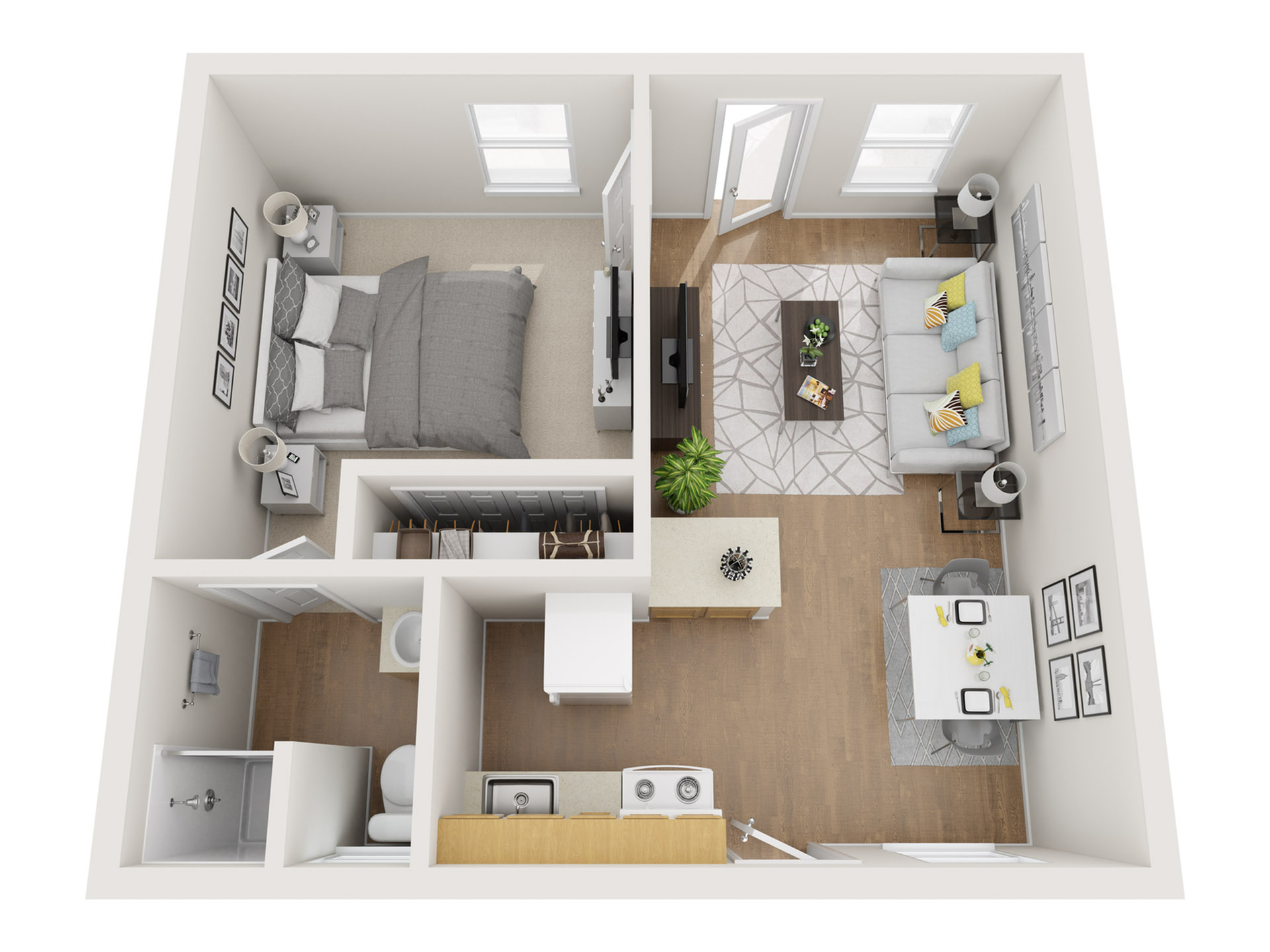Charming 1-bedroom apartment floor plan featuring an inviting living room, modern kitchen, and elegant dining area with wooden flooring.