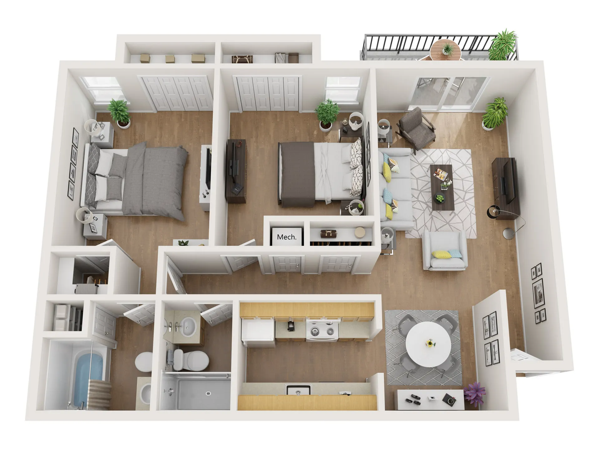 Modern 3D floor plan showcasing 2 bedrooms with spacious closets, stylish living area, and contemporary kitchen with dining table, featuring a sunlit balcony for relaxation.