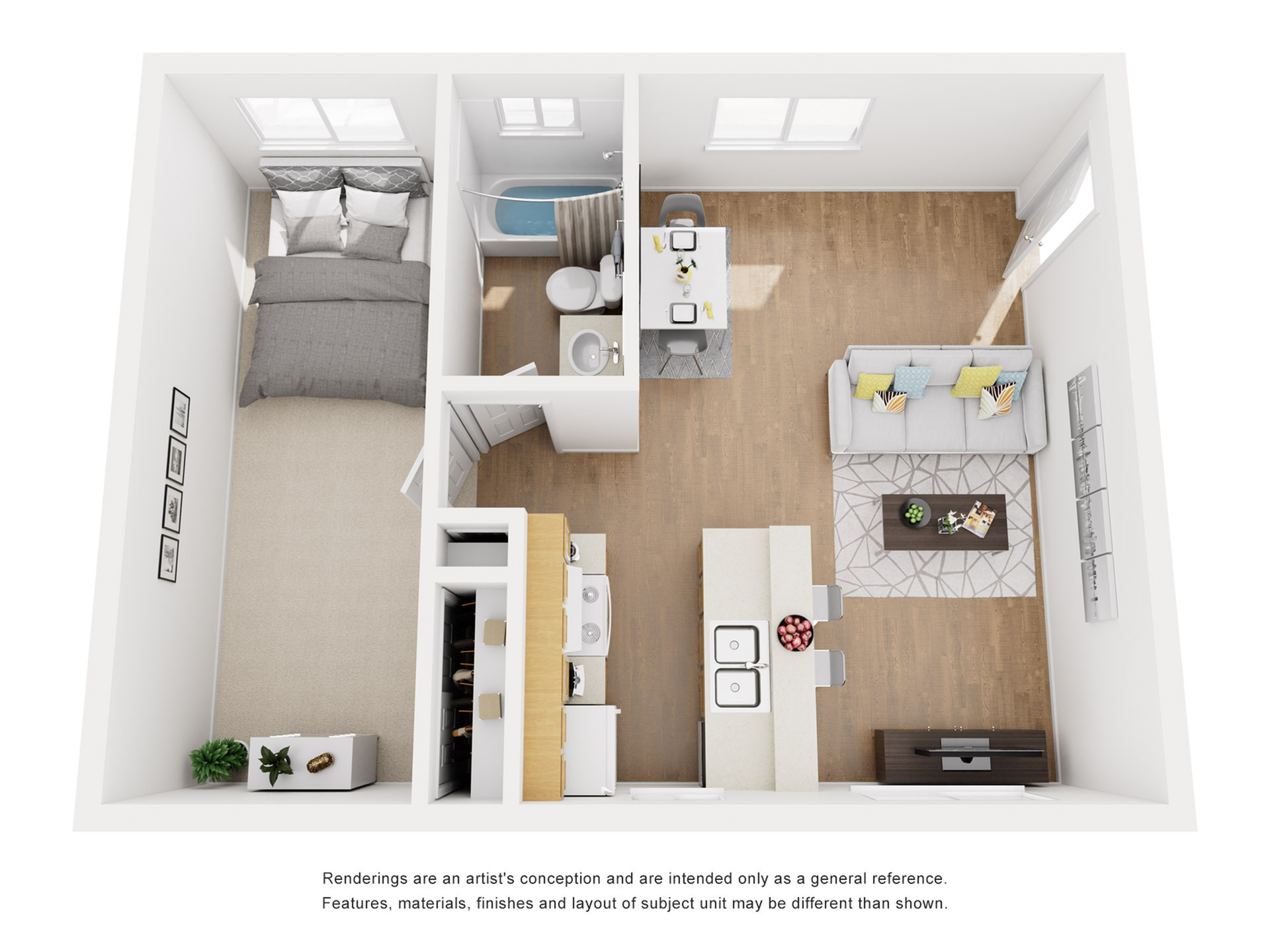 Inviting floor plan with one bedroom, open living room, dining area, and modern kitchen.