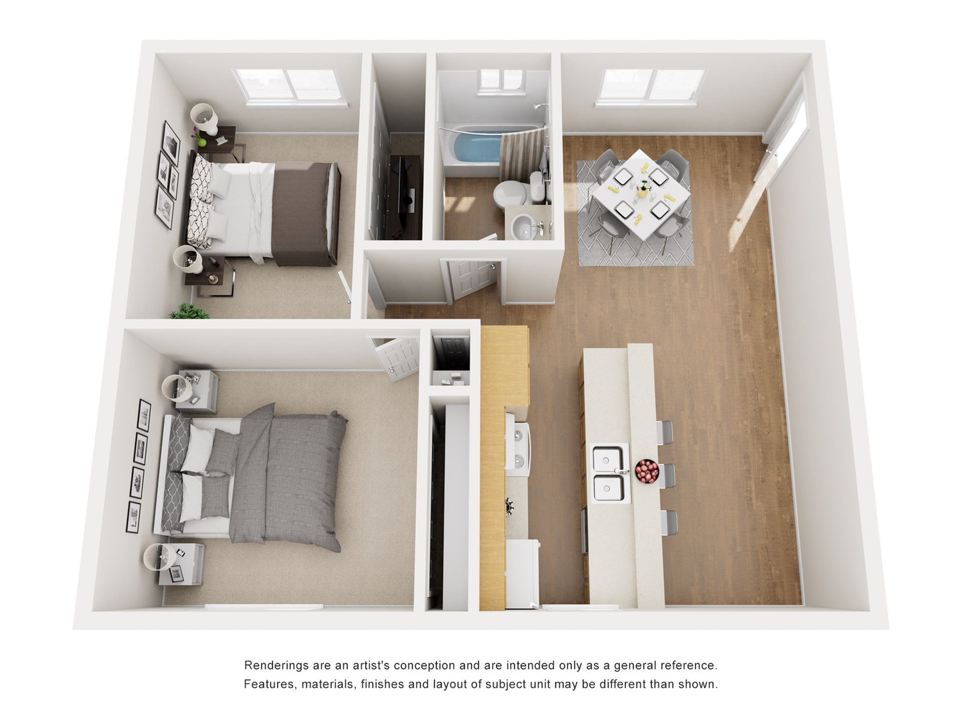 Modern 3D floor plan with two bedrooms, open kitchen, living area, and elegant dining space.