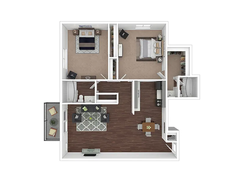 Modern 2D floor plan showcasing 2 cozy bedrooms, an inviting open-concept living area, and a sleek kitchen with dining space, all complemented by a charming balcony.
