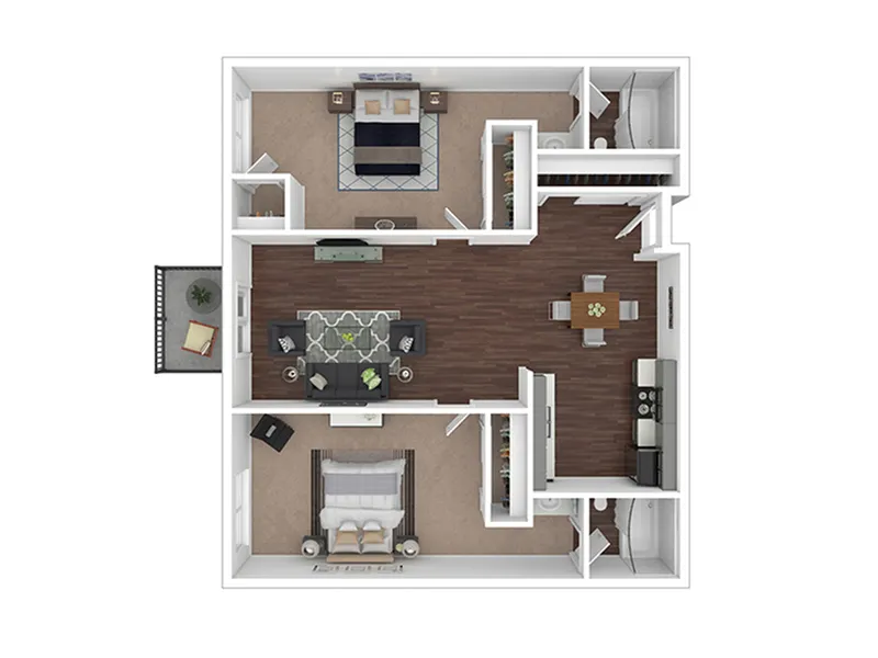 Modern floor plan with 2 spacious bedrooms, inviting living area, contemporary kitchen, and private balcony.