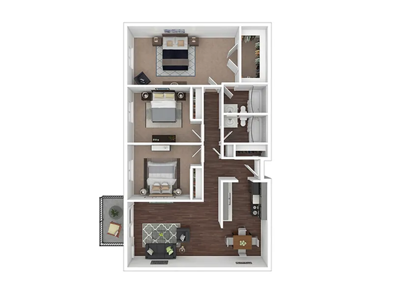 Modern 3D floor plan highlighting 3 bedrooms, stylish living area, sleek kitchen, and private balcony.