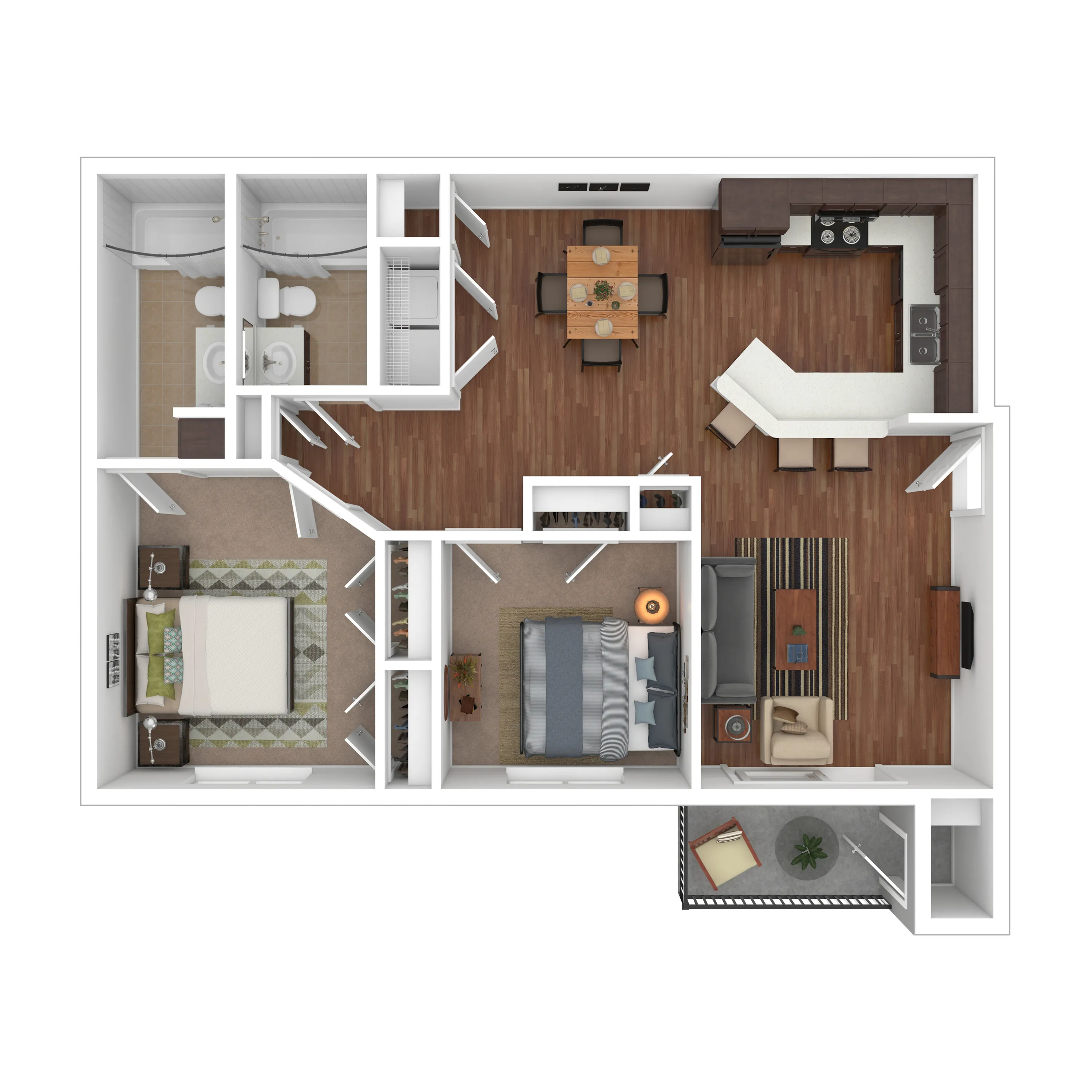 Modern 3D floor plan featuring an elegant 2-bedroom layout, showcasing an open-concept living room, stylish kitchen, and dining area. Includes two bathrooms and a cozy balcony space.