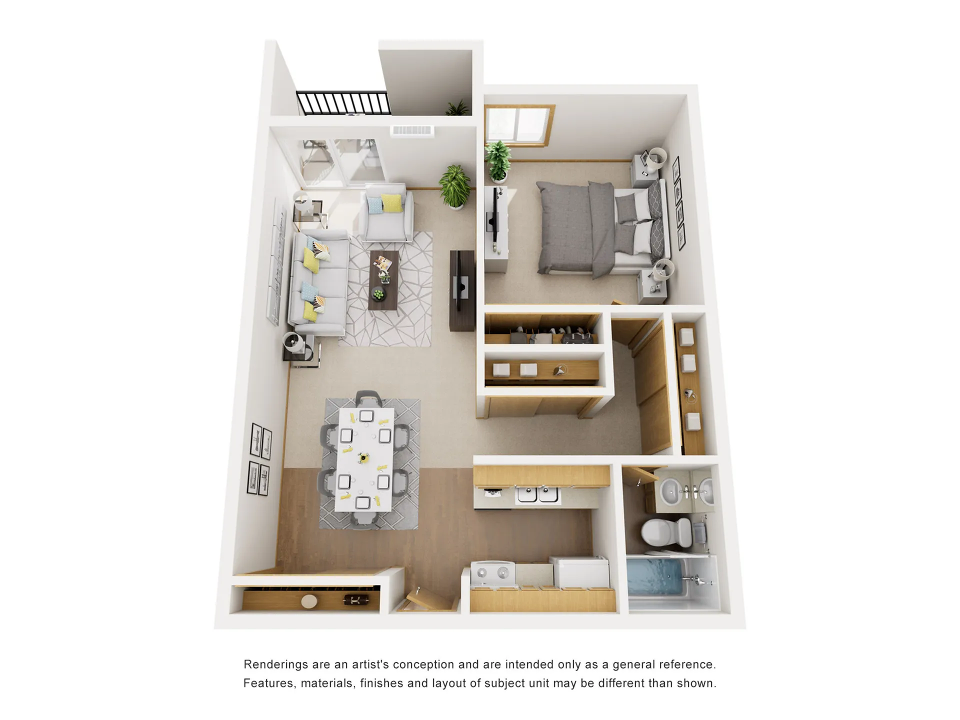 Contemporary open-concept apartment floor plan showcasing a cozy living area, sleek kitchen, spacious bedroom, and modern bathroom, perfect for stylish urban living.