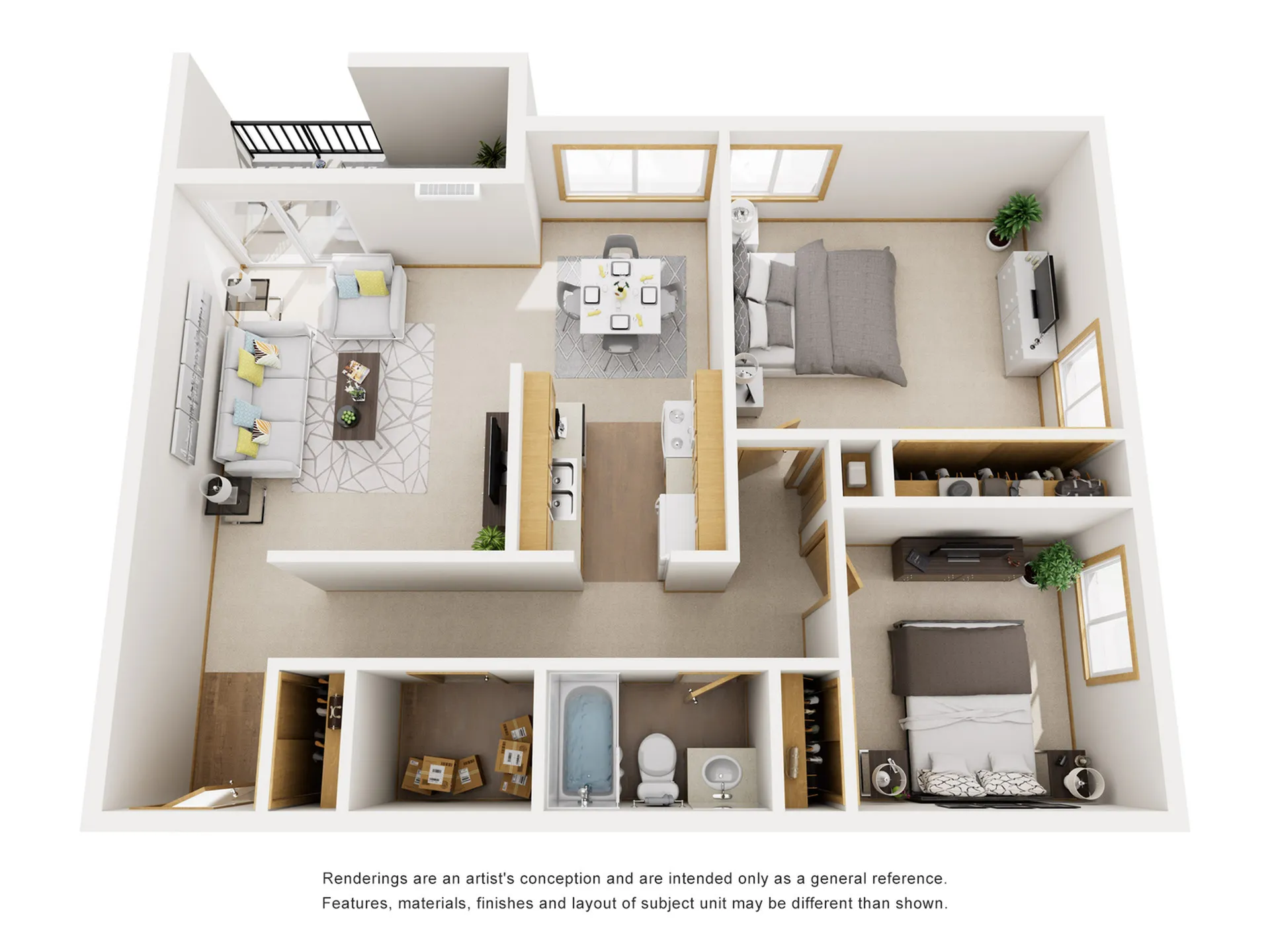 Modern 3D floor plan showcasing a spacious 2-bedroom apartment with an open living area, stylish kitchen, and cozy bedrooms.