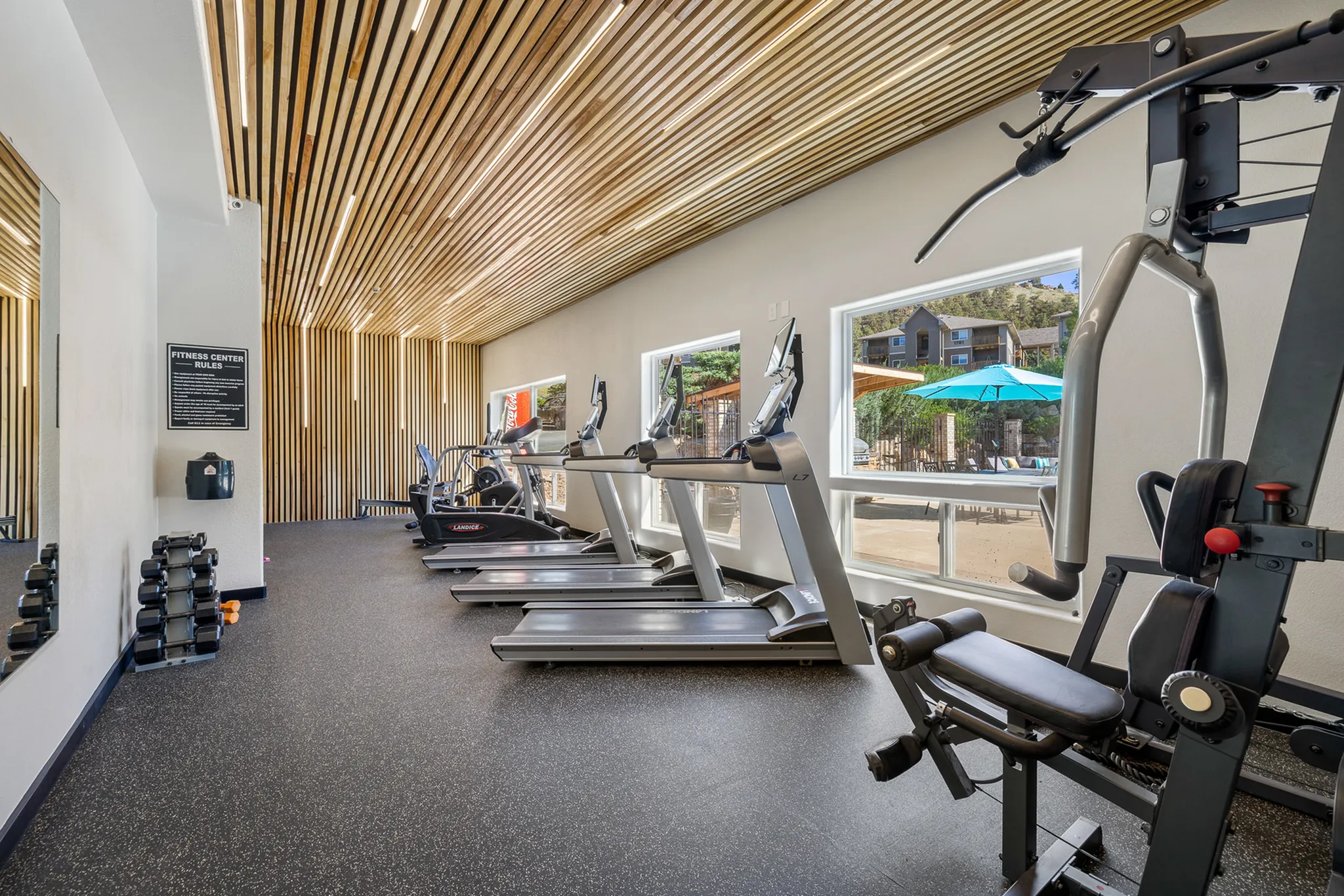 Modern fitness center with state-of-the-art equipment and natural lighting, featuring scenic outdoor views.
