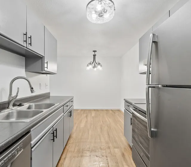 Sleek modern kitchen with stainless steel appliances, elegant cabinetry, and stylish lighting on a hardwood floor.