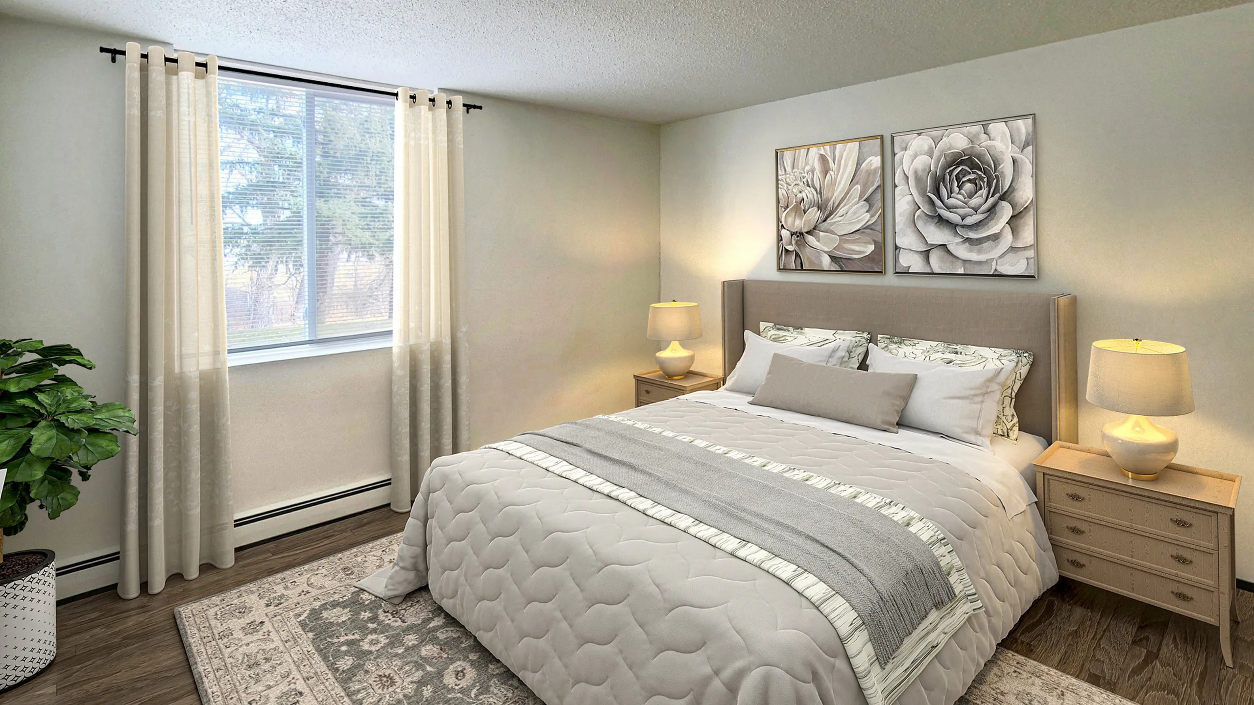 Inviting bedroom with elegant decor, featuring a plush bed, stylish artwork, and abundant natural light through large windows.