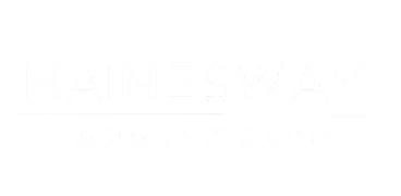 Hainesway Apartments branding logo in sleek, modern white font on a black background.
