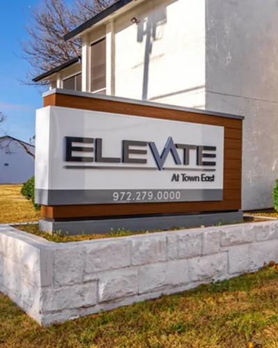 Inviting entrance sign of Elevate at Town East, featuring modern design and welcoming appeal.