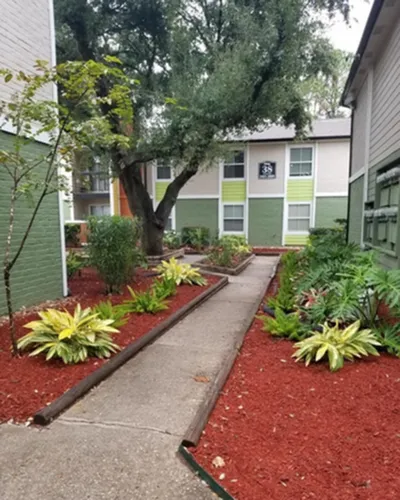 Charming garden walkway surrounded by lush plants leading to a modern apartment building.
