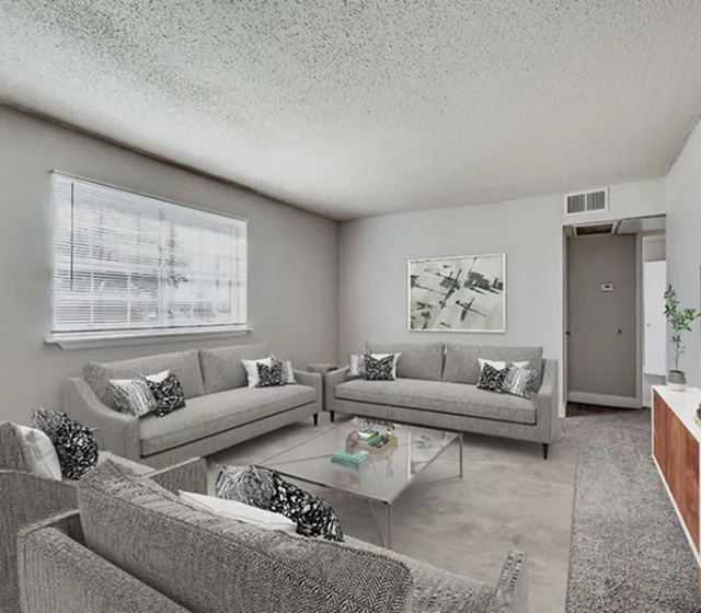 Elegant living room with modern gray sofas, stylish decor, and a large window for natural light.