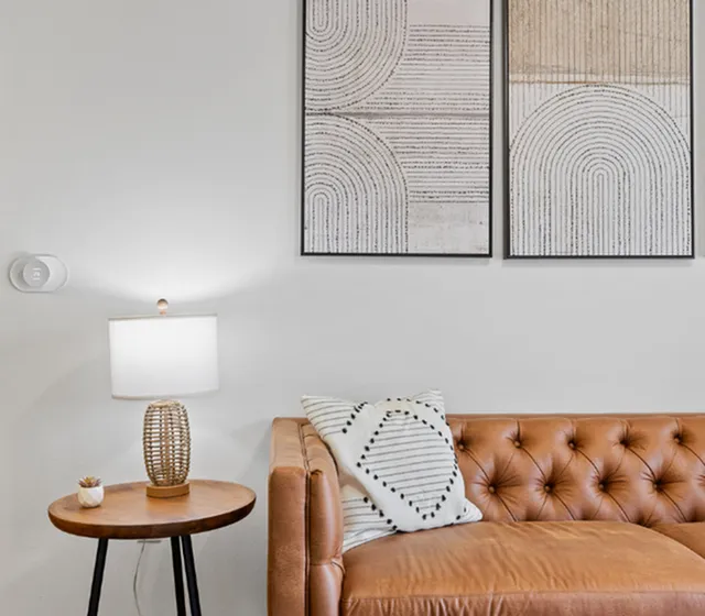 Contemporary living room with a luxurious leather sofa, modern art, and chic decor, creating a warm and inviting atmosphere.