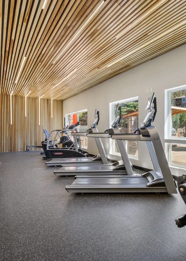 Modern fitness center featuring sleek treadmills and cardio equipment, illuminated by natural light and stylish wooden ceiling design.