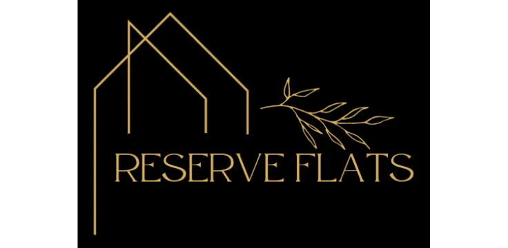 Elegant logo for Reserve Flats, featuring minimalist house outlines and a leafy branch, symbolizing modern and serene living spaces.