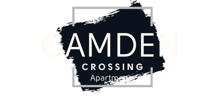 Modern logo of Camden Crossing Apartments featuring bold, stylish typography on a dark artistic background.