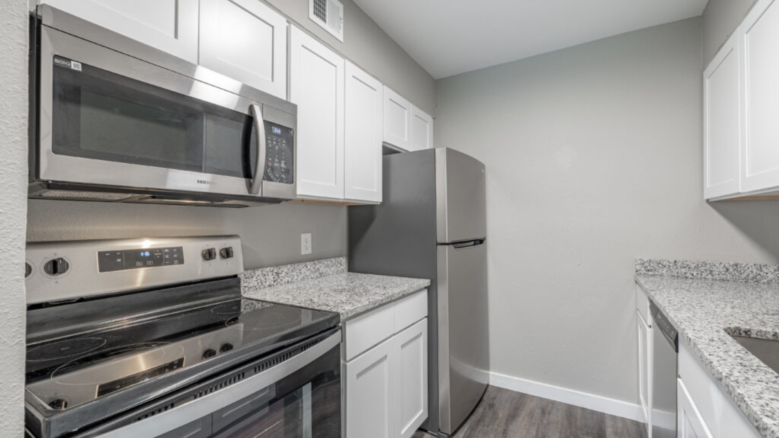 Sleek modern kitchen featuring stainless steel appliances, granite countertops, and elegant cabinetry.