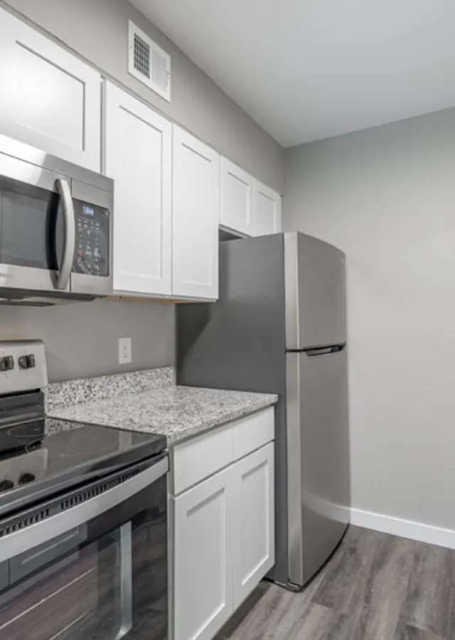 Modern kitchen with sleek stainless steel appliances, stylish white cabinetry, and elegant granite countertops.