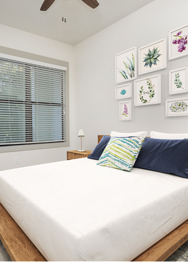 Bright and inviting bedroom with modern decor, featuring large windows, stylish artwork, and a cozy wooden bed.
