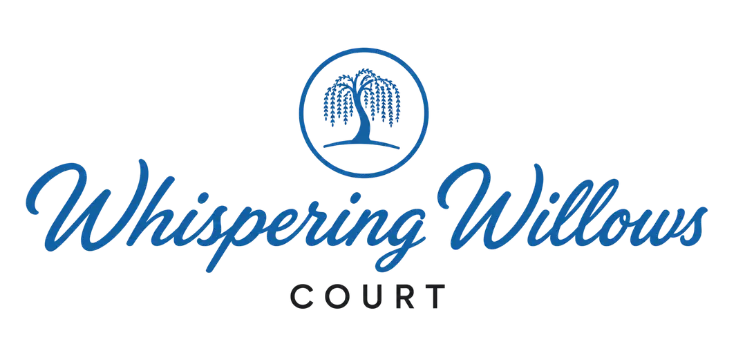 Elegant logo for Whispering Willows Court featuring a serene willow tree symbol in blue.