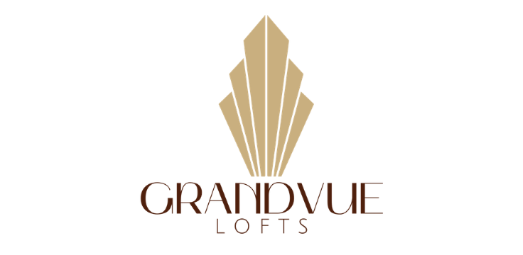 Elegant logo for Grandvue Lofts featuring a modern geometric design in gold, exuding luxury and sophistication.