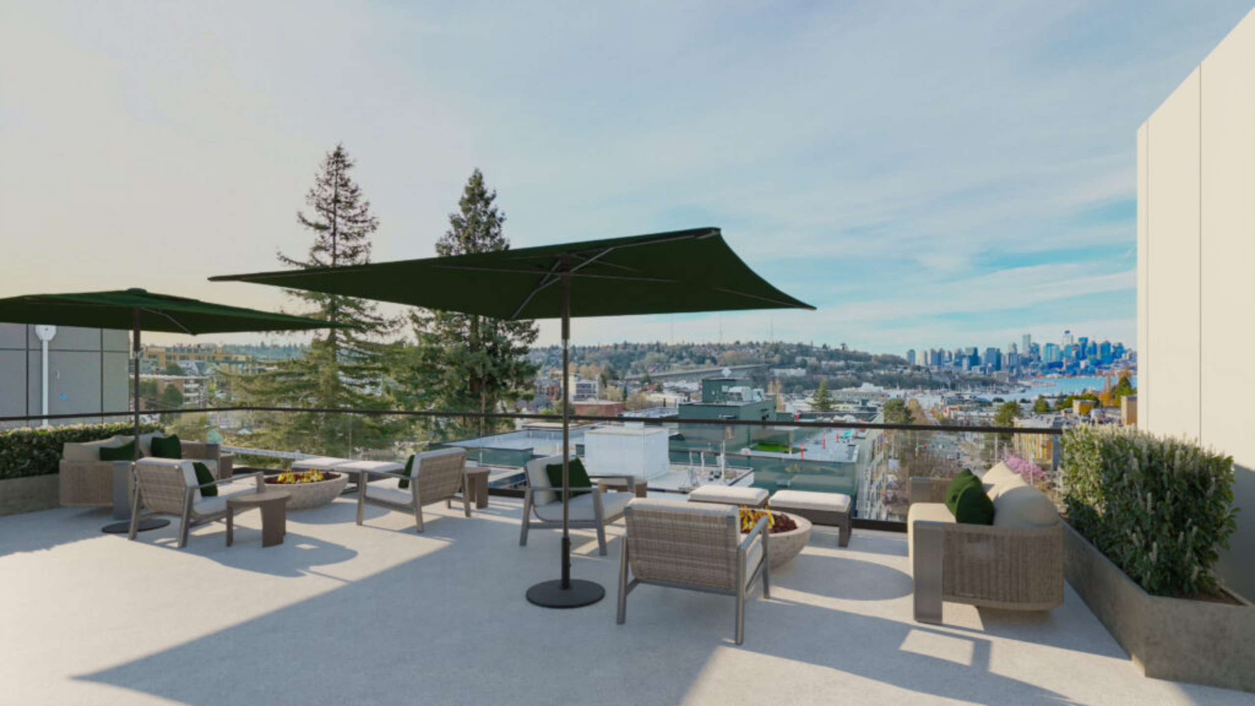 Luxurious rooftop patio with elegant seating, modern umbrellas, and stunning city skyline views.