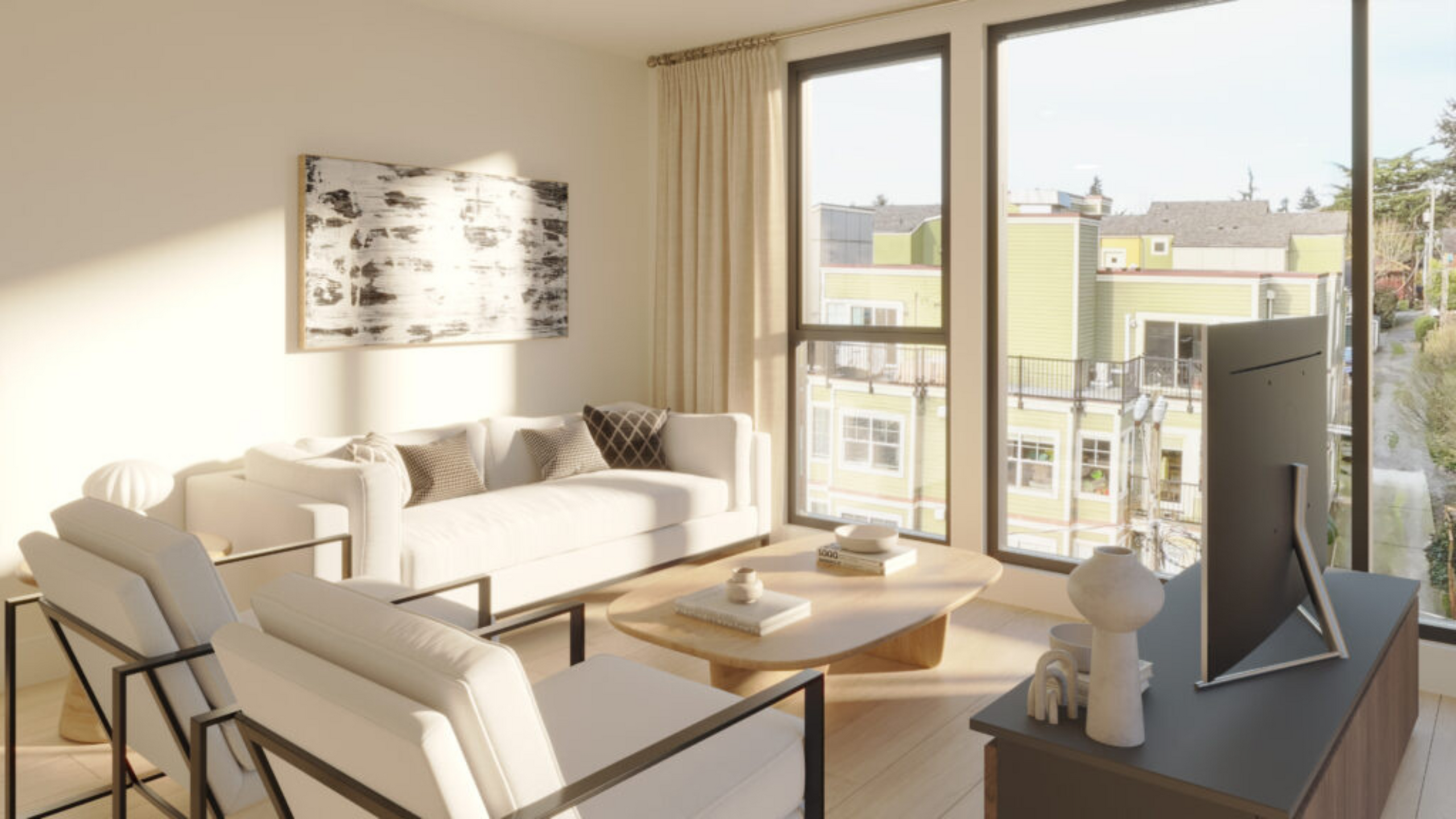 Sleek and bright living room with modern furnishings, abundant natural light through large windows, and a beautiful city view.