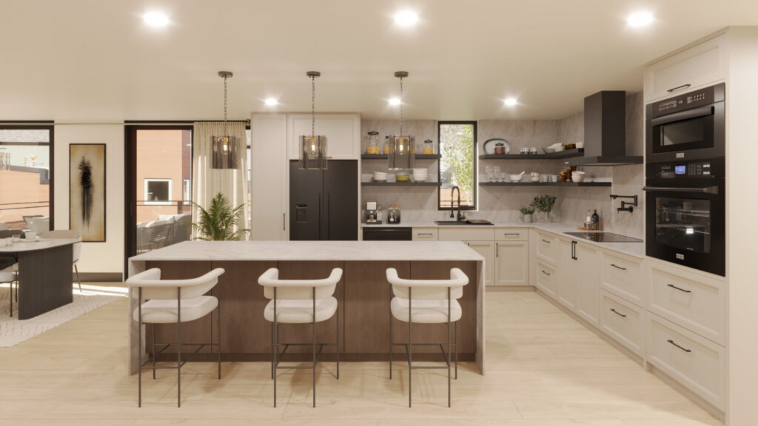 Elegant modern kitchen with a spacious island, sleek cabinetry, and built-in appliances, offering ample natural light and contemporary design.