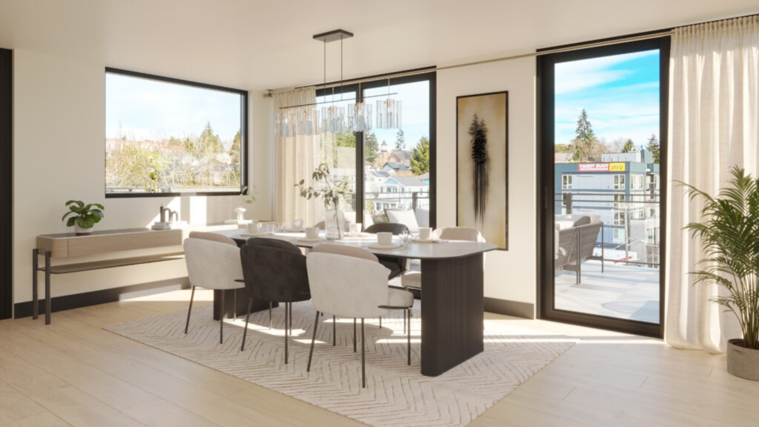 Bright and modern dining room with elegant decor, large windows, and a spacious balcony view.