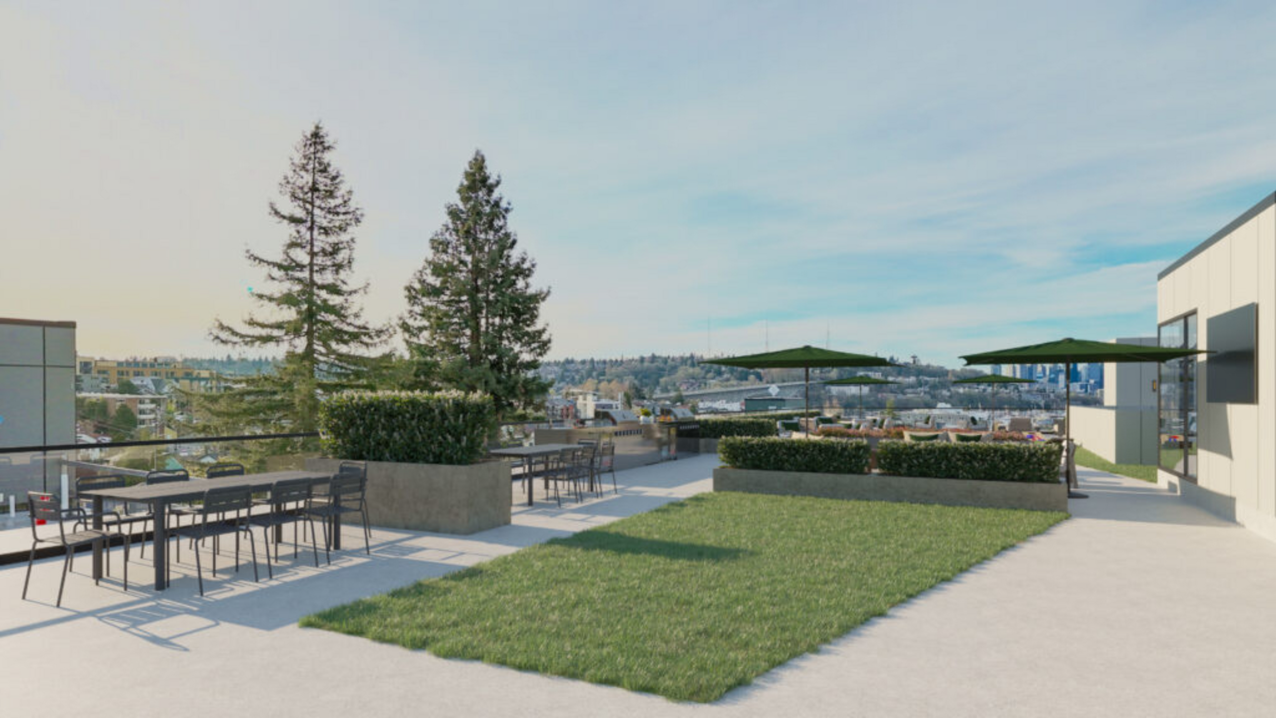 Elegant rooftop terrace with outdoor dining, lush greenery, and stunning city views.