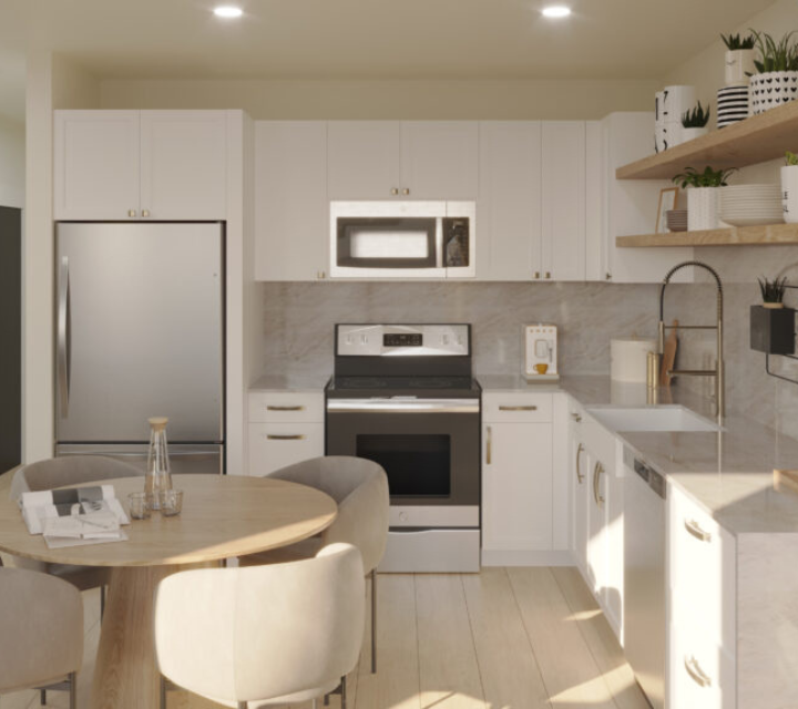 Modern kitchen with sleek appliances, elegant cabinetry, and a cozy dining area for a stylish living experience.