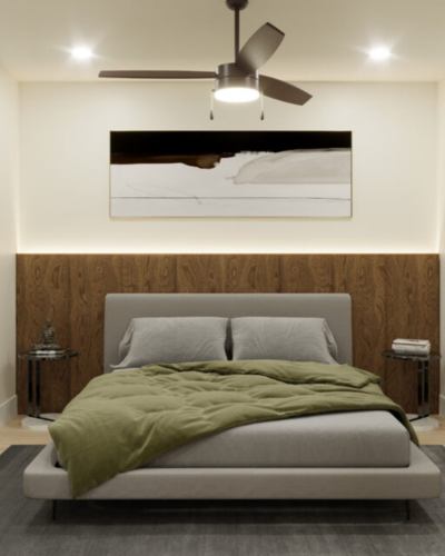 Elegant bedroom with modern decor, featuring a plush bed, stylish artwork, and ambient lighting.