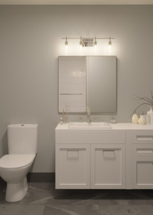 Elegant modern bathroom with sleek white fixtures, stylish lighting, and a minimalist design.