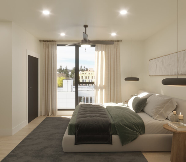 Elegant bedroom with a large window view, featuring a cozy bed with green accents, modern lighting, and natural wood side table.